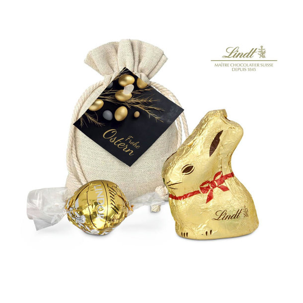 Geschenkartikel / Präsentartikel: Goldenes Ostersäckchen mit Lindt Goldhase und Lindorkugel