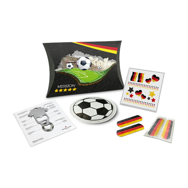 Geschenkset / Präsenteset: WM-Fanbox Winteredition mit Fußball-Handwärmer, Multifunktionswerkzeug, Fan-Tattoos und Pflastern