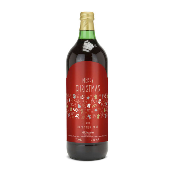 Glühwein - Flasche grün, mit Schraubverschluss, 1 l - Motiv: Merry Christmas (rot)