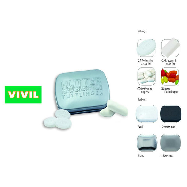 Klapp-Dose-59 geprägt, silber-matt 20 g, Inhalt: VIVIL Extra Strong, zuckerfrei (Dose)