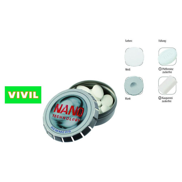 Klick-Dose-57, blank 20 g, Inhalt: VIVIL Extra Strong, zuckerfrei (Dose)