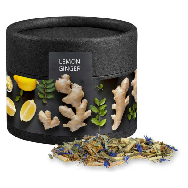 Kräutertee Lemon Ingwer, ca. 12g, Biologisch abbaubare Eco Pappdose Mini schwarz