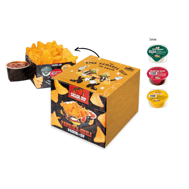 Nacho Box, 100 g + 90 g, Inhalt: Nachos Paprika-Chili, Salsa Dip Spicy