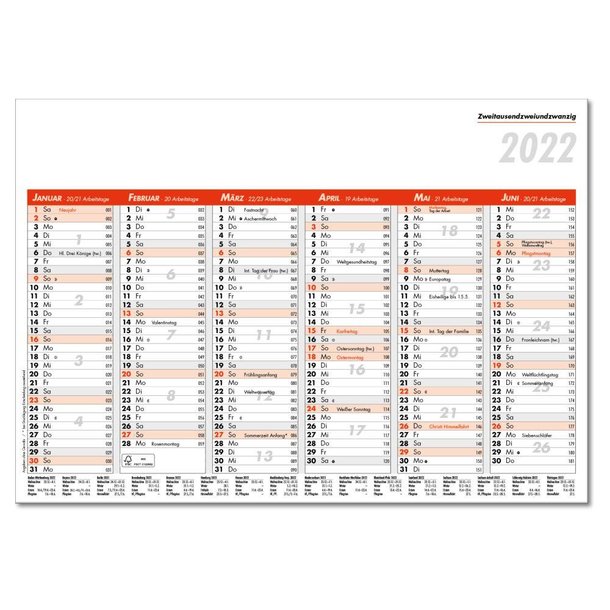 Tafelkalender im Format DIN A4, 29,7 x 21 cm, Kalendarium in rot/schwarz