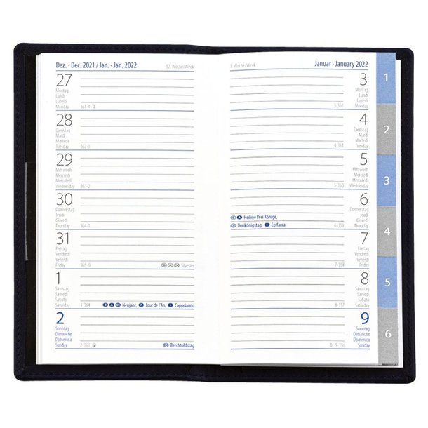 Taschenplaner"Exquisit Register INT" im Format 9  x 15 cm, grau/blau, 64 Seiten, in PVC-Hülle schwarz eingesteckt