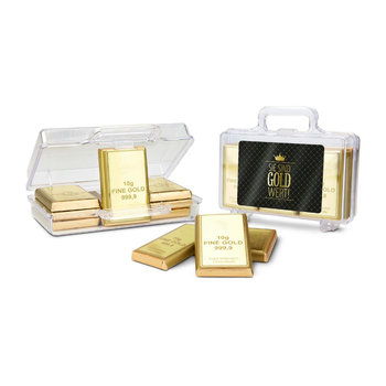 Geschenkartikel / Präsentartikel: Sie sind Gold wert - Goldkoffer mit 12 Goldbarren, Edelvollmilch-Schokolade (120 g)