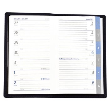 Taschenplaner "Exquisit Register D" im Format 9  x 15 cm , grau/blau, 64 Seiten, in PVC-Hülle schwarz eingesteckt